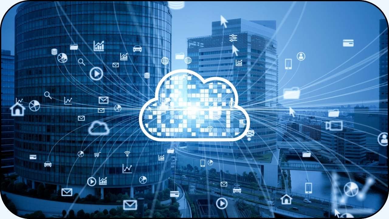 Una nube virtual con varios enlaces a iconos digitales - Computacion en la nube