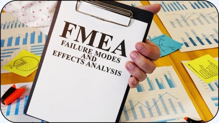 Una persona sosteniendo una tabla con una hoja que tiene la leyenda "FMEA FAILURE MODES AND EFFECTS ANALYSIS"