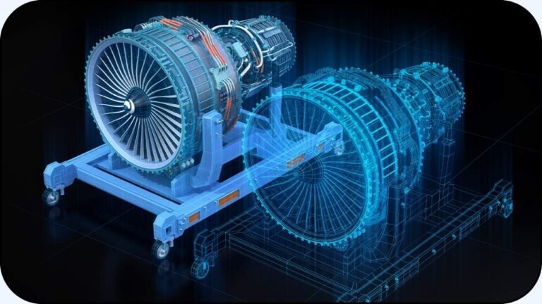 Imagen que tiene una turbina real y otra turbina virtual gemela - Gemelo digital