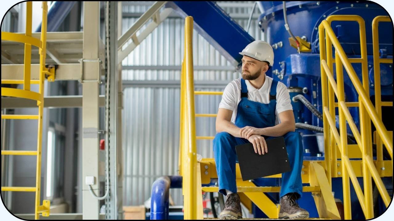 Un operador de maquina sentado esperando en unas instalaciones industriales- Manufactura esbelta