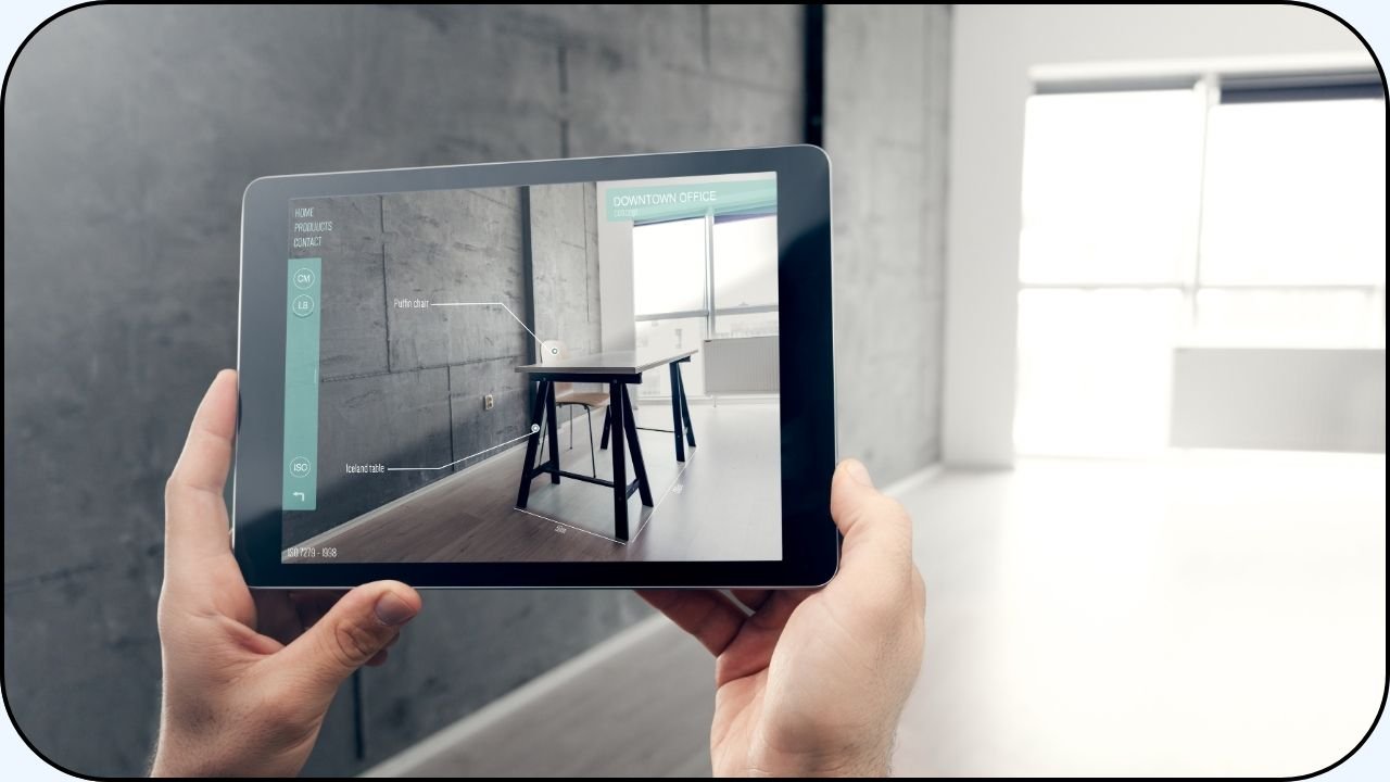 Una persona usando una aplicacion de realidad aumentada a traves de una tablet para simular una mesa en una sala.