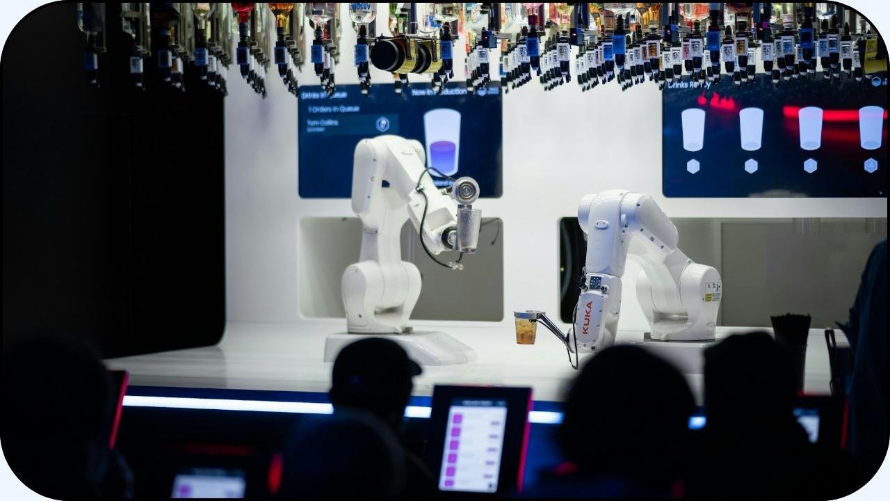 Un par de brazos roboticos sirviendo bebidas alcoholica en una exposición - Robotica