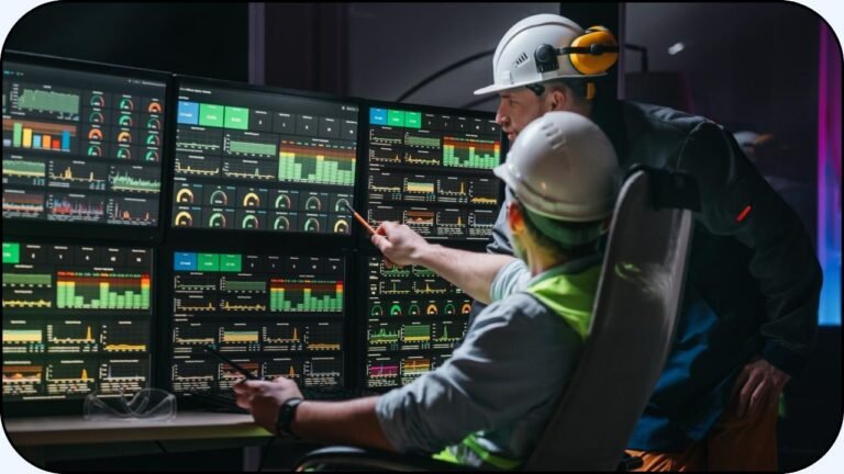 Un par de ingenieros en un cuarto de control analizando los graficos de una pantalla - SCADA