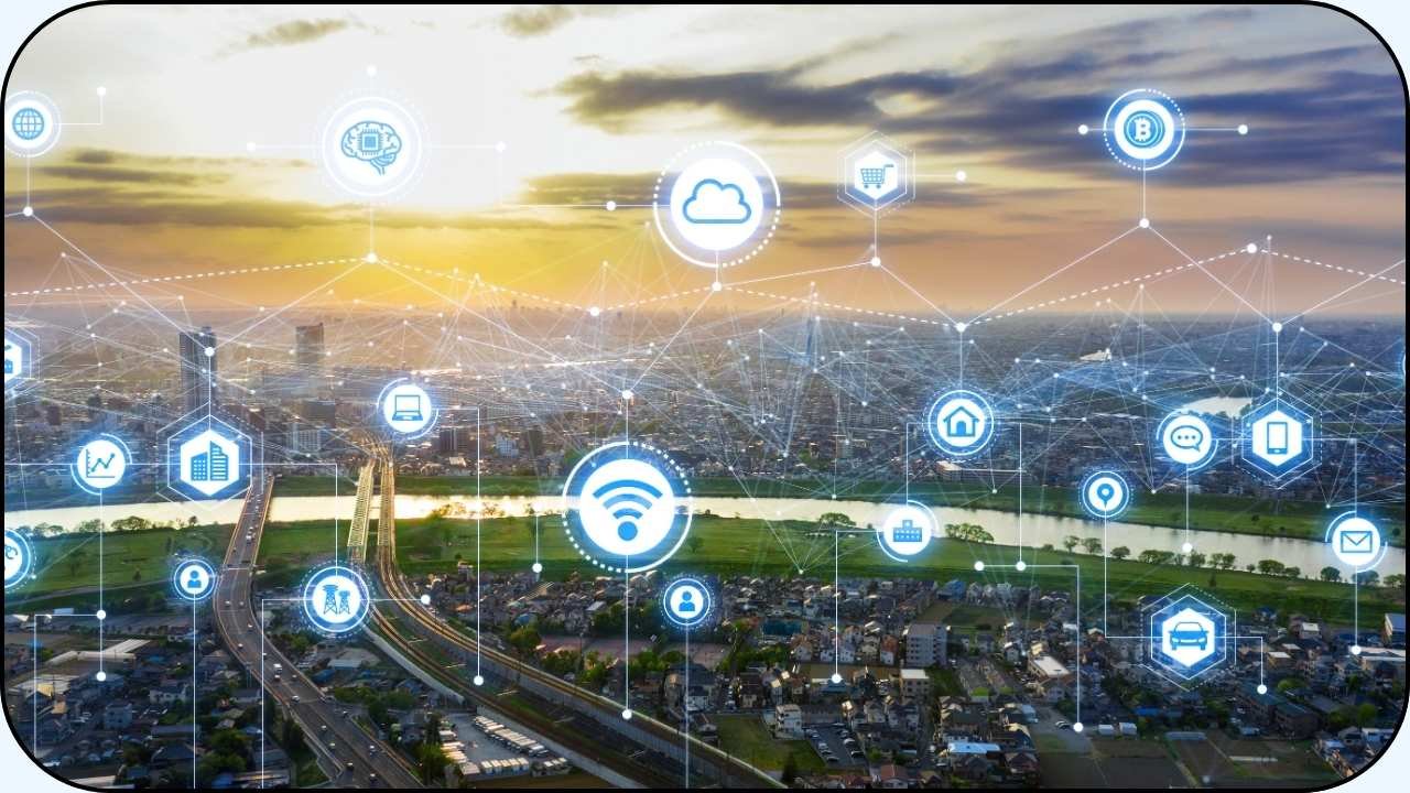 Una ciudad con varios iconos digitales interconectados en el cielo - Ciudad inteligente