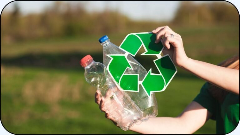 Una mujer sosteniendo dos botellas de plastico vacias y un simbolo de reciclaje - Economia circular