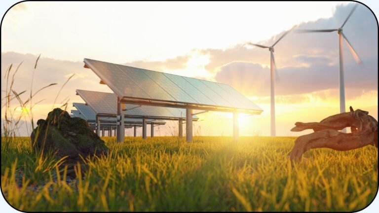 Algunos paneles solares y molinos eolicos al atardecer - Energias renovables