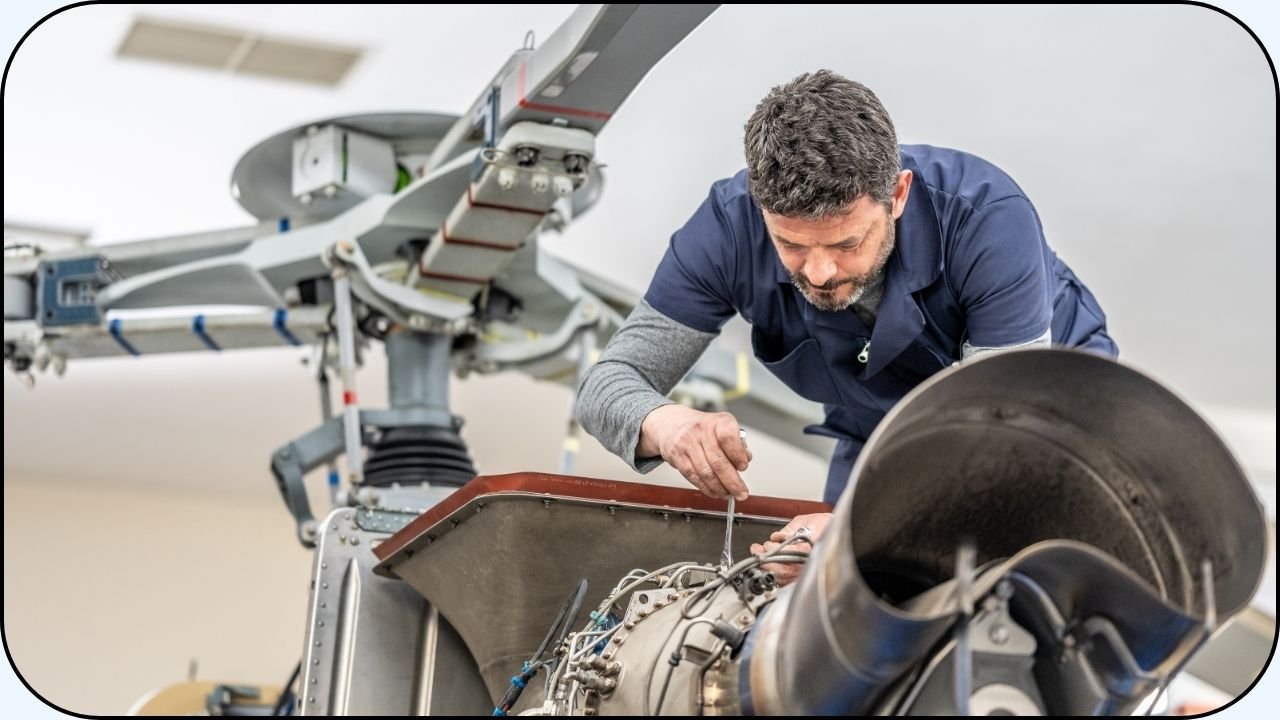 Hombre reparando parte superior de un helicoptero - Ingenieria aeroespacial