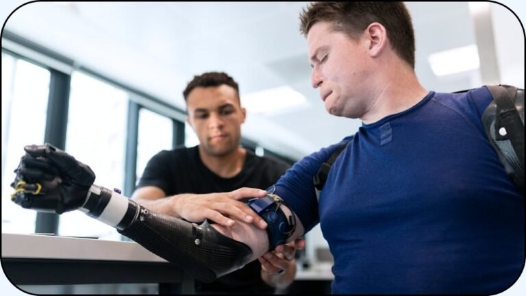 Dos hombres ajustando protesis de brazo - Ingenieria biomedica