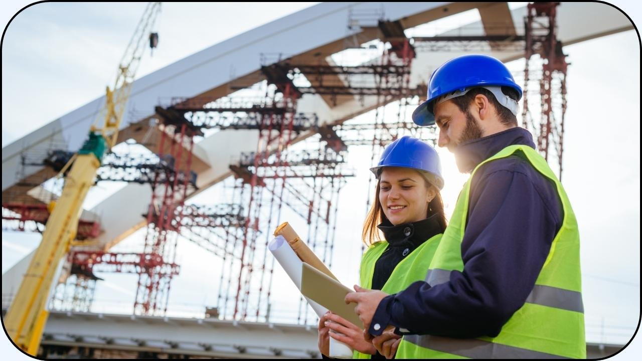 Una mujer y un hombre ingenieros inspeccionado la construccion de un puente.