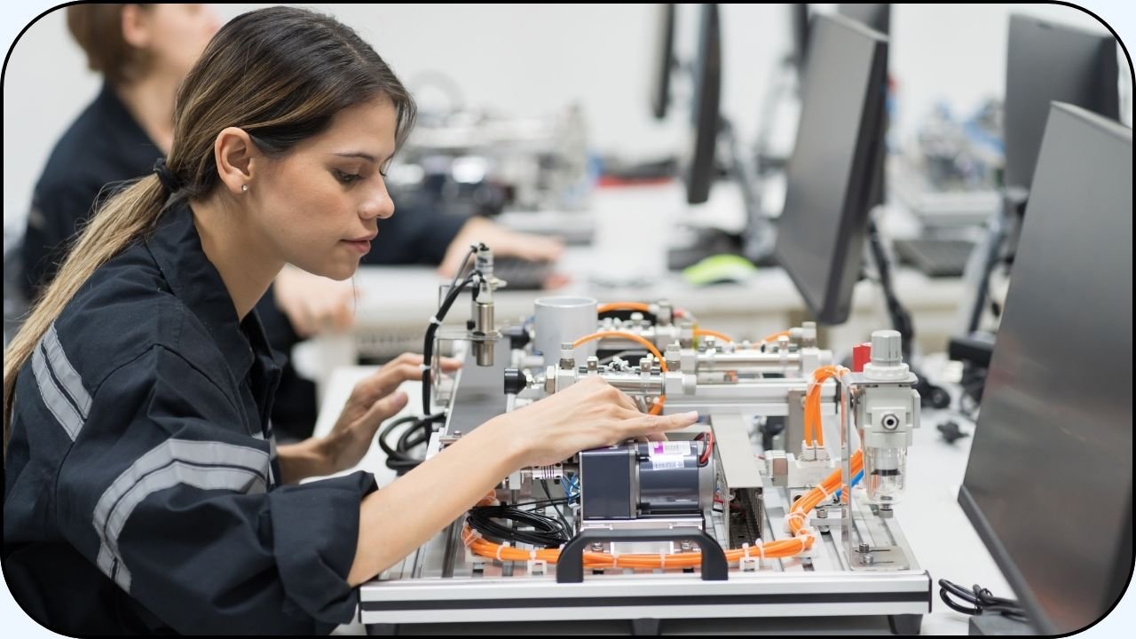 Mujer ingeniera construyendo un dispositivo mecatronico - Ingenieria en mecatronica