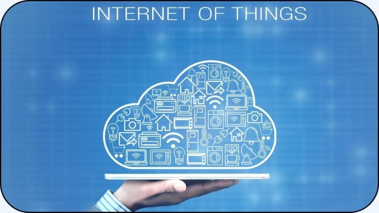 Una nube virtual que incluye varios iconos de aparatos y tecnologias que tienen conectividad a internet y por encima la leyenda "Internet of things".