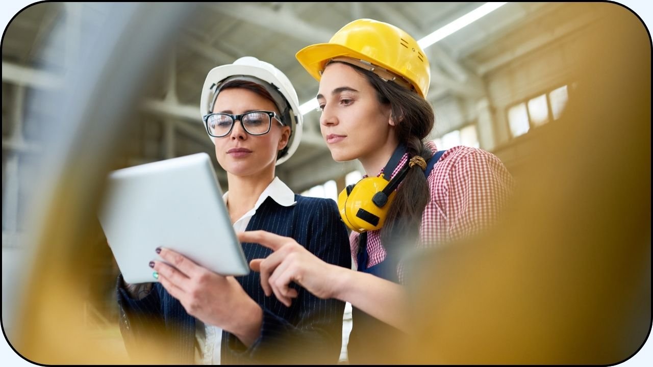 Un par de mujeres ingenieras conversando en un entorno industrial - Mujeres en la ingenieria