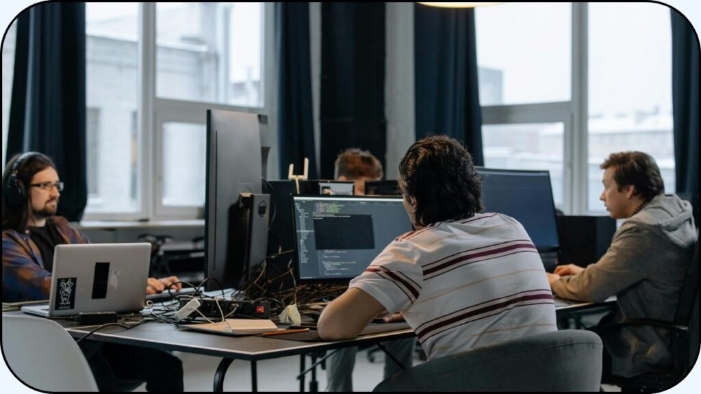 Un grupo de ingenieros trabajando en sus computadoras de escritorio dentro de una oficina.